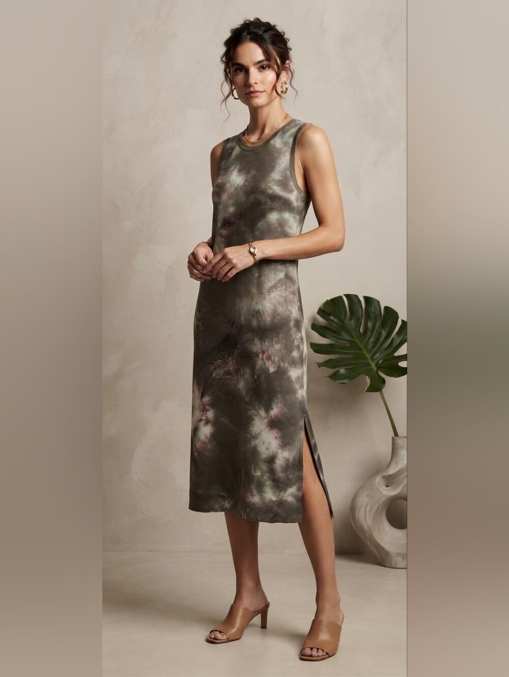 Sleeveless Tie-Dye Midi Dress in Olive and Brown